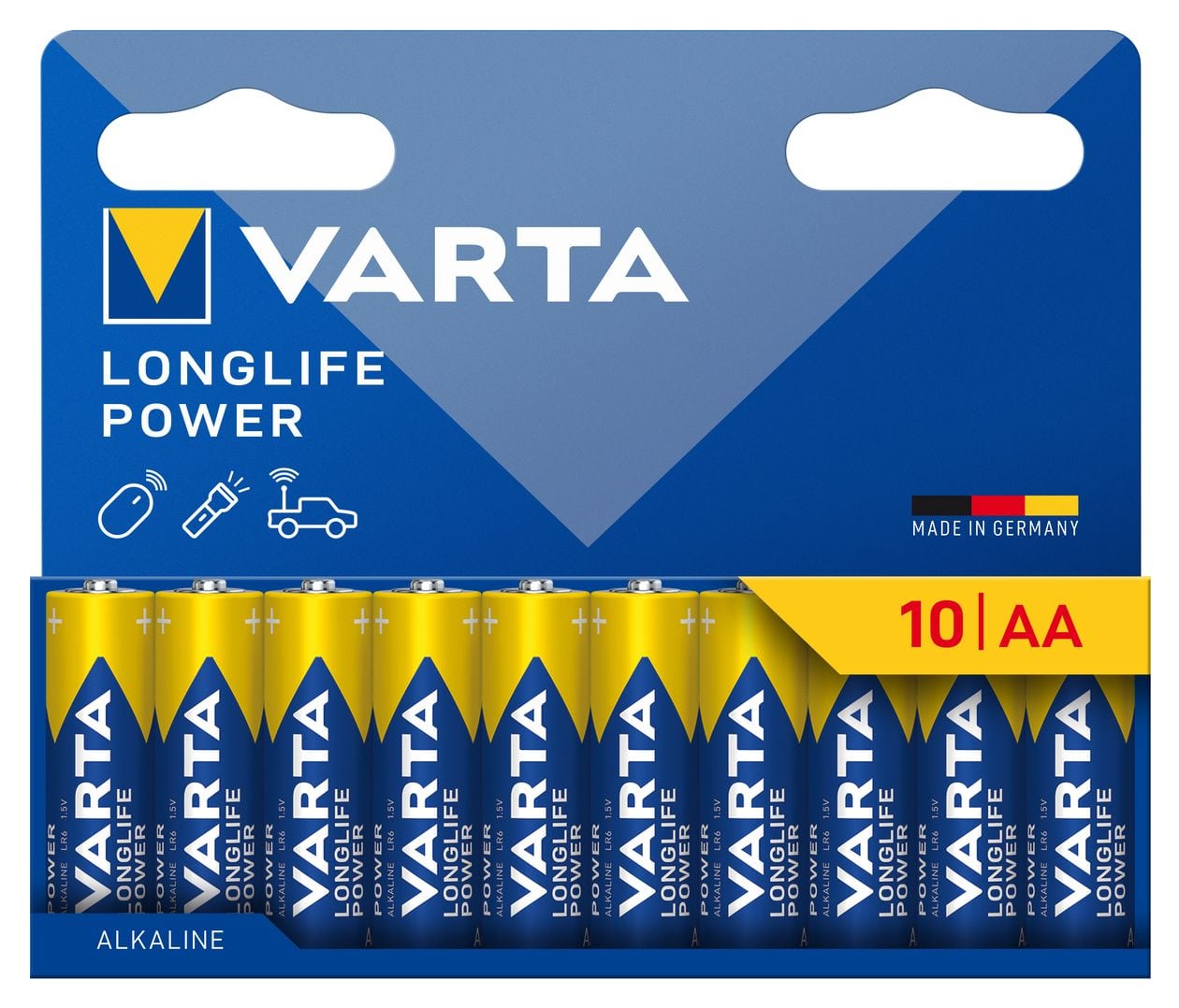 Batterien AA, 10 Stück, Longlife Power, Alkaline, 1,5V, ideal für Spielzeug, Funkmaus, Taschenlampen, Verpackung zu 90% recycelt, Made in Germany 