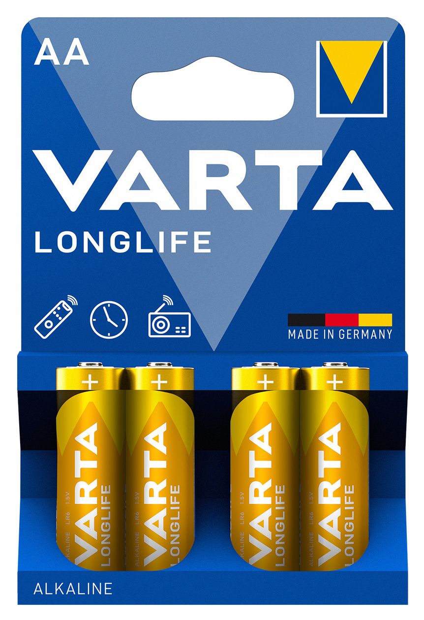 Batterien AA, 4 Stück, Longlife, Alkaline, 1,5V, ideal für Fernbedienungen, Wecker, Radios, Wanduhren, Made in Germany 