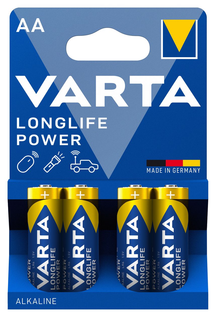 Batterien AA, 4 Stück, Longlife Power, Alkaline, 1,5V, ideal für Spielzeug, Funkmaus, Taschenlampen, Made in Germany 