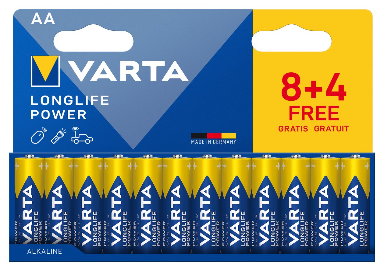 Batterien AA, 8+4 (12 Stück), Longlife Power, Alkaline, 1,5V, ideal für Spielzeug, Funkmaus, Taschenlampen, Verpackung zu 90% recycelt, Made in Germany 