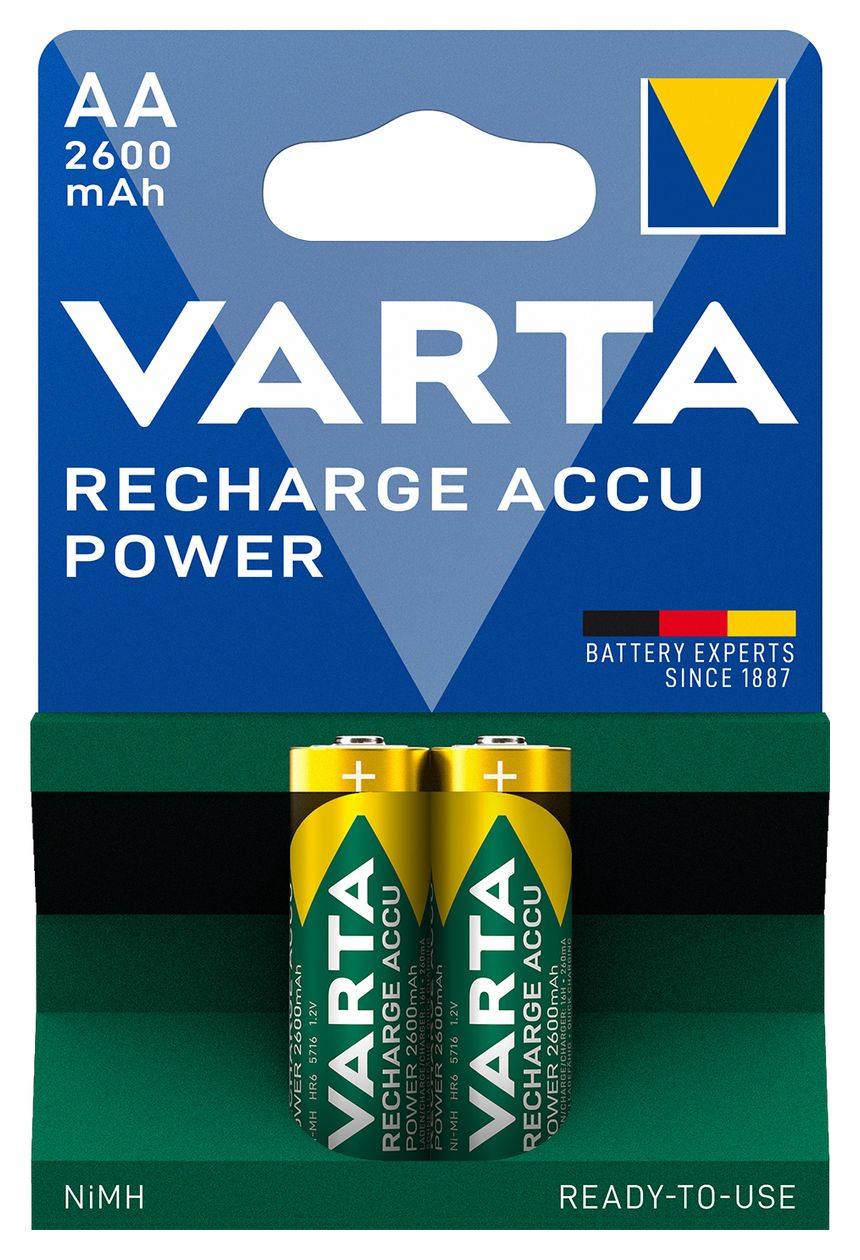 Batterien AA, wiederaufladbar, 2 Stück, Recharge Accu Power, Akku, 2600 mAh Ni-MH, ohne Memory Effekt, vorgeladen, sofort einsatzbereit 