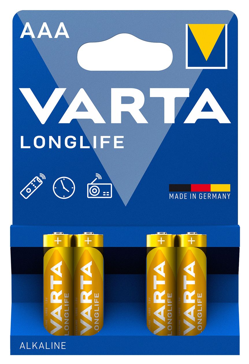 Batterien AAA, 4 Stück, Longlife, Alkaline, 1,5V, ideal für Fernbedienungen, Wecker, Radios, Wanduhren, Made in Germany 