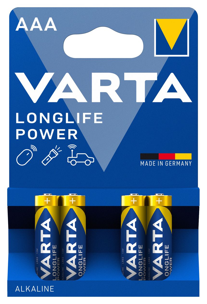 Batterien AAA, 4 Stück, Longlife Power, Alkaline, 1,5V, ideal für Spielzeug, Funkmaus, Taschenlampen, Made in Germany 