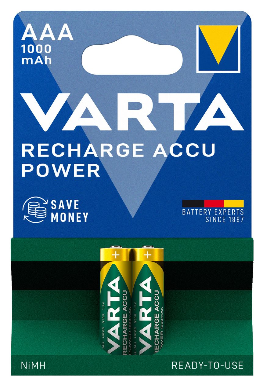 Batterien AAA, wiederaufladbar, 2 Stück, Recharge Accu Power, Akku, 1000 mAh Ni-MH, ohne Memory Effekt, vorgeladen, sofort einsatzbereit 
