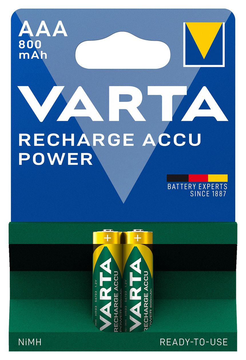 Batterien AAA, wiederaufladbar, 2 Stück, Recharge Accu Power, Akku, 800 mAh Ni-MH, ohne Memory Effekt, vorgeladen, sofort einsatzbereit 