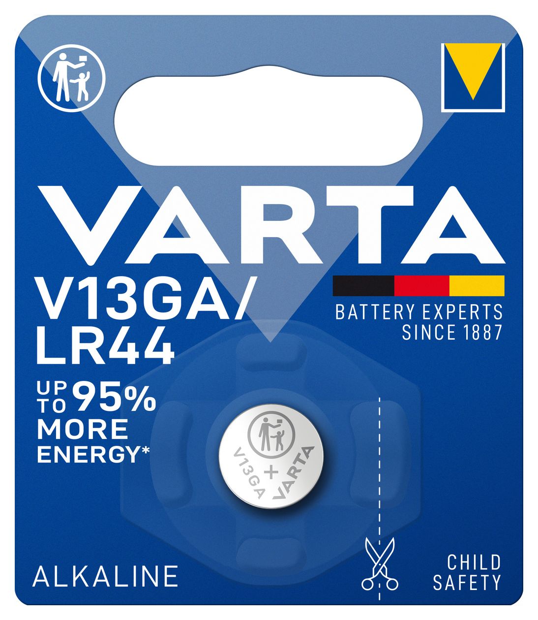 Batterien V13GA/LR44 Knopfzelle, 1 Stück, Alkaline Special, 1,5V, kindersichere Verpackung, für Spielsachen, Taschenrechner, Messgeräte 