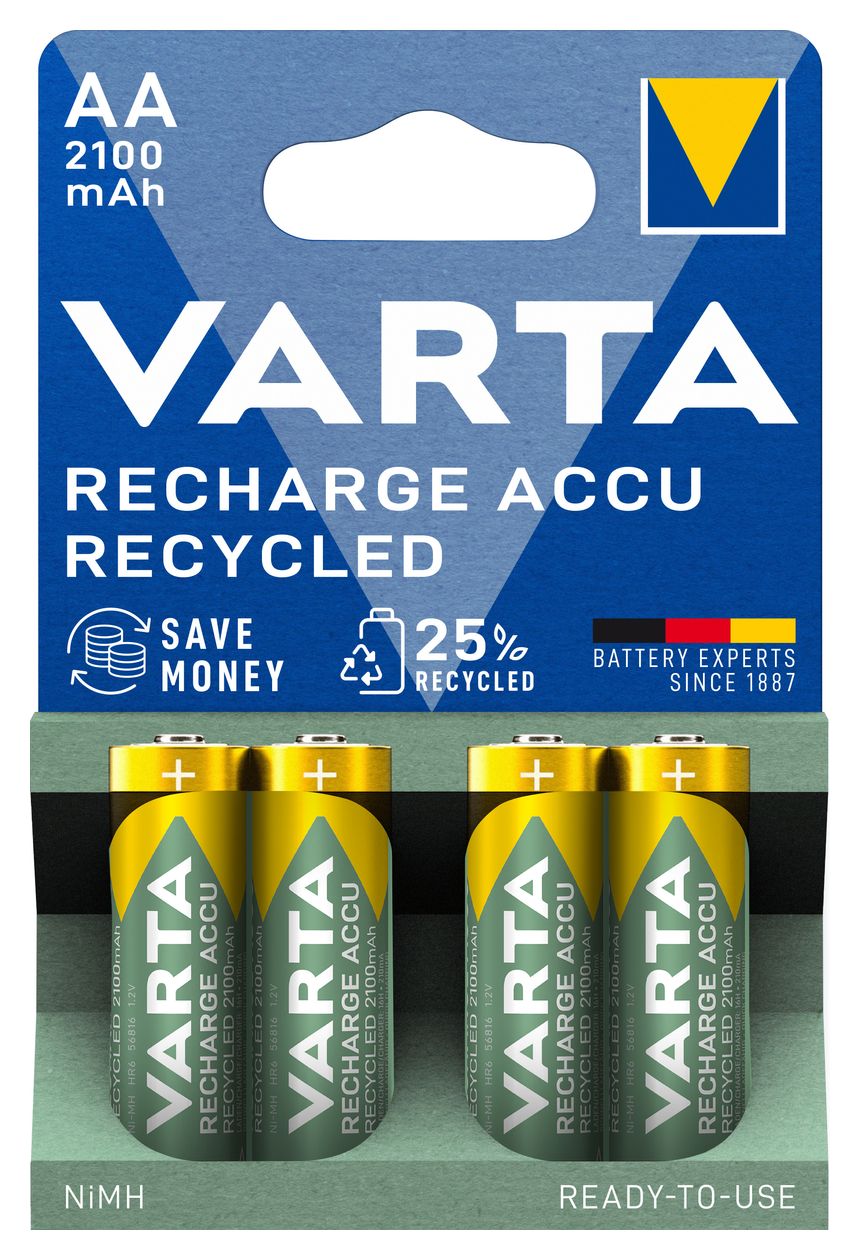 Recharge Accu Recycled AA 2100 mAh 4er-Pack (vorbeladener NiMH-Akku, Mignon, 25 % recyceltes Material, wiederaufladbarer Akku, sofort einsatzbereit) 