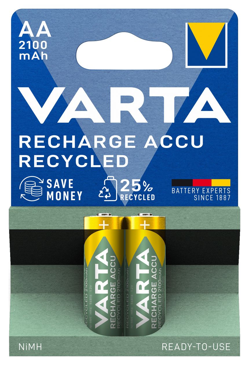 Recharge Accu Recycled AA 2100 mAh 2er-Pack (vorbeladener NiMH-Akku, Mignon, 25 % recycelte Materialien, wiederaufladbarer Akku, sofort einsatzbereit) 