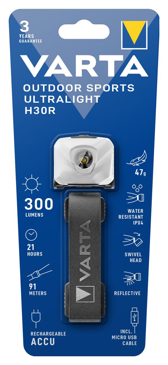 Stirnlampe LED, wiederaufladbare Kopflampe, Outdoor Sports Ultralight H30R, extrem leicht, spritzwassergeschützt, inkl. Micro-USB Kabel, ideal für Camping, Joggen, Wandern, weiß 