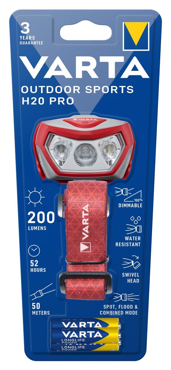 Stirnlampe LED inkl. 3x AAA Batterien Kopflampe, Outdoor Sports H20 Pro, drei Leuchtmodi, spritzwassergeschützt, Dimmfunktion, mit schwenkbarem Kopf, rot 