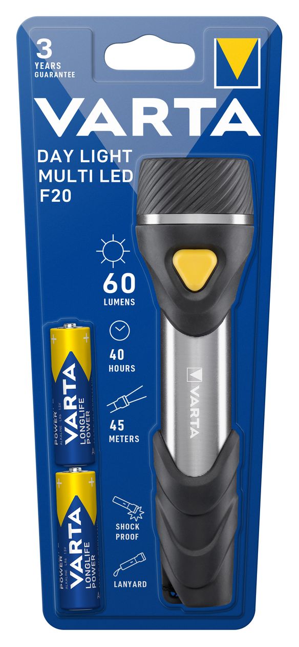 Taschenlampe mit 9 LEDs inkl. 2x AA Batterien, Day Light Multi LED F20 Leuchte, Taschenleuchte mit Anhänger, Lampe ideal für Haushalt, Angeln, Garage, Notfall, Stromausfall, Outdoor 