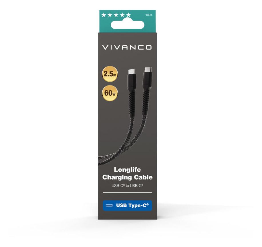 63640 Stecker Rundkabel USB C auf USB C bis 60 W 2,5 m  (Schwarz) 