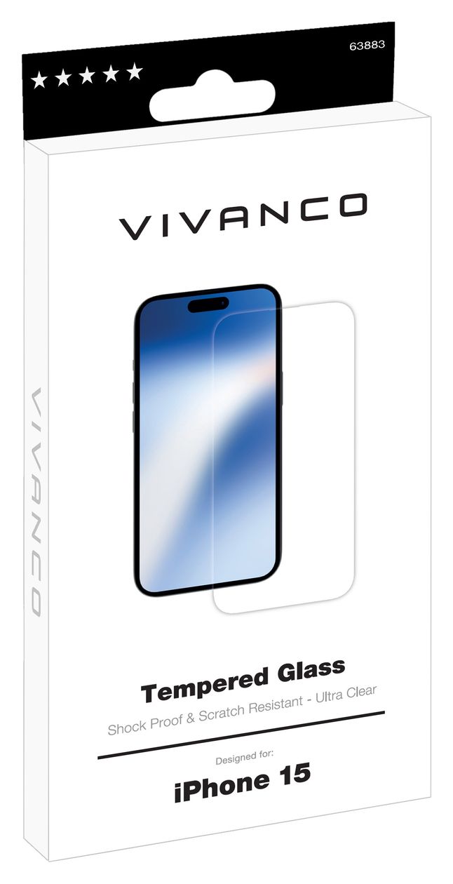 63883 Klare Bildschirmschutzfolie gehärtetes Glas 9H für  Apple iPhone 15 Schmutzabweisend, Schlagfest, Kratzresistent, Splitterfrei 