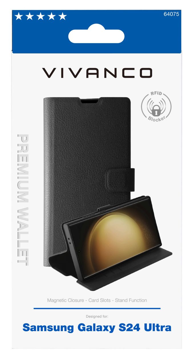 Premium Wallet Geldbörsenhülle für Samsung Galaxy S24 Ultra  (Schwarz) 