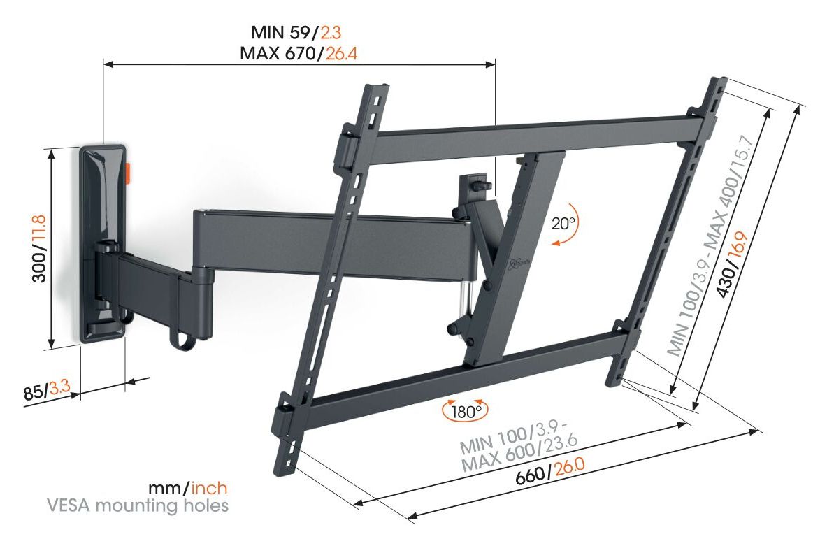 TVM3645 schwenkbare Wand Halterung 180° bis 195,6 cm (77") 35 kg 0 - 20° neigbar 