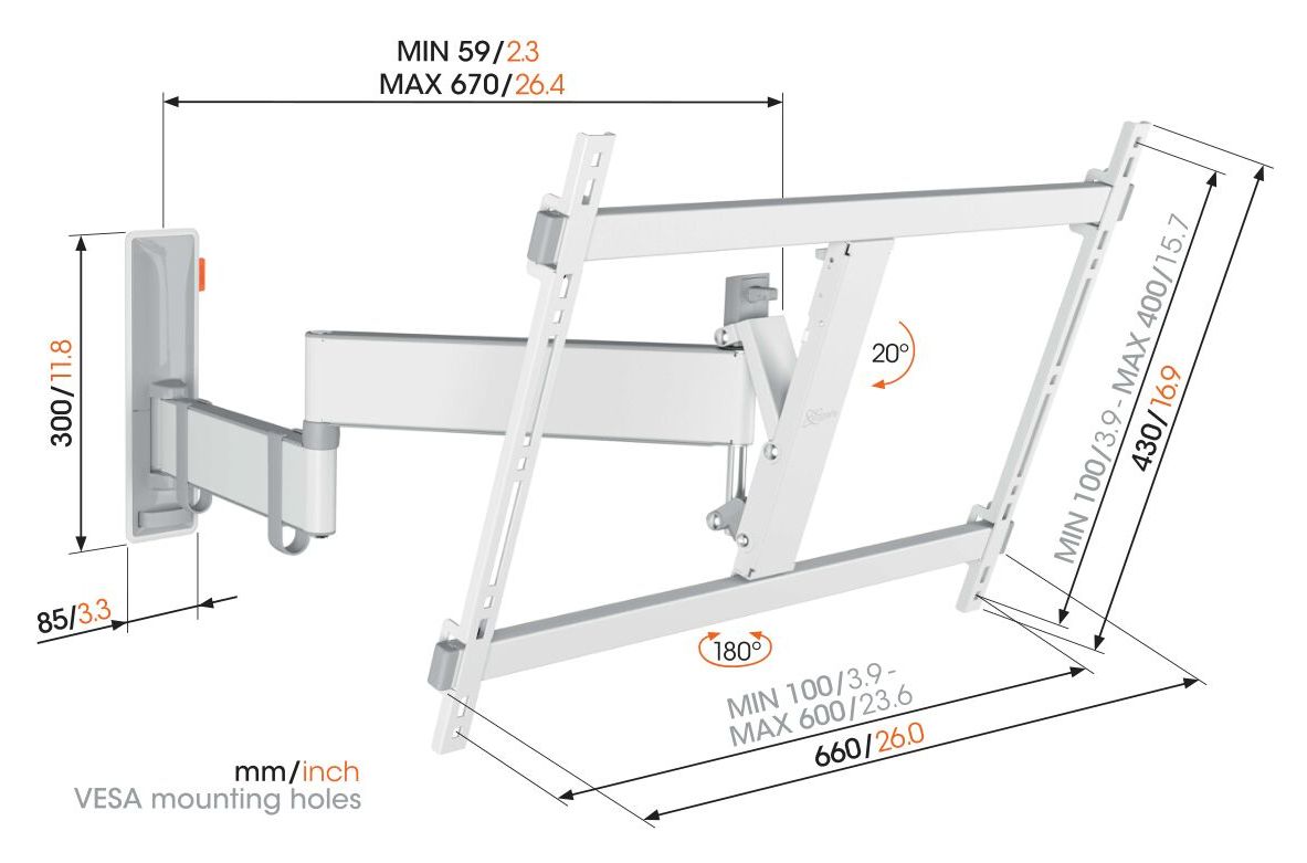 TVM3645 schwenkbare Wand Halterung 180° bis 195,6 cm (77") 35 kg 0 - 20° neigbar 