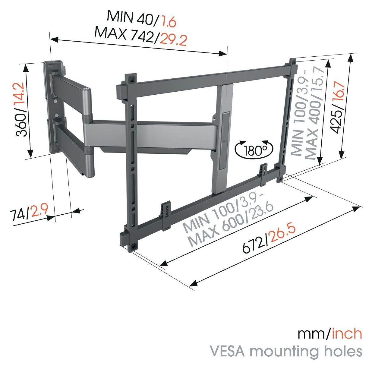 TVM5845 schwenkbare Wand Halterung 180° bis 2,54 m (100") 55 kg 