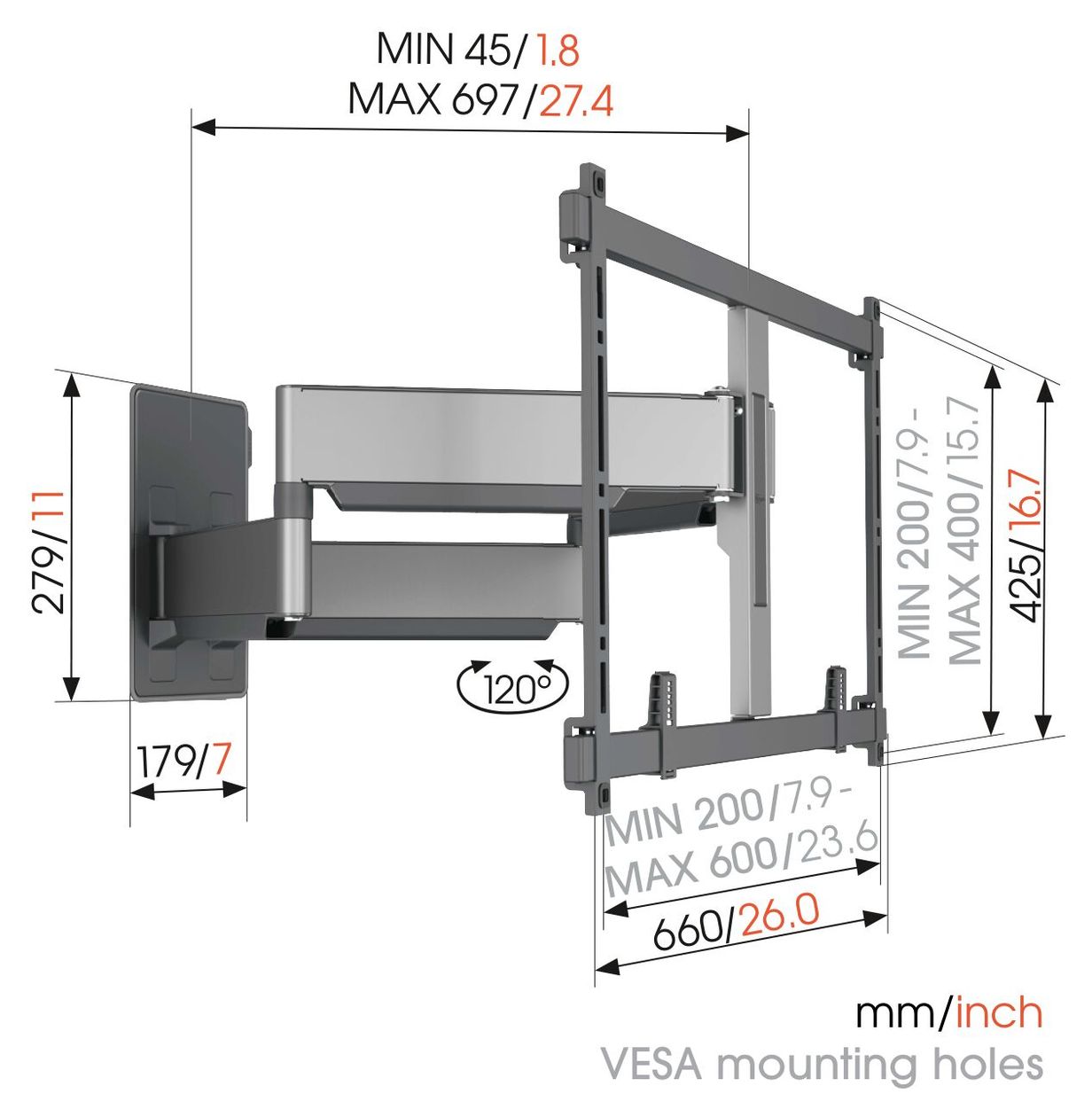 TVM5855 Schwenkbare Wand Halterung 120° bis 2,54 m (100") 75 kg 