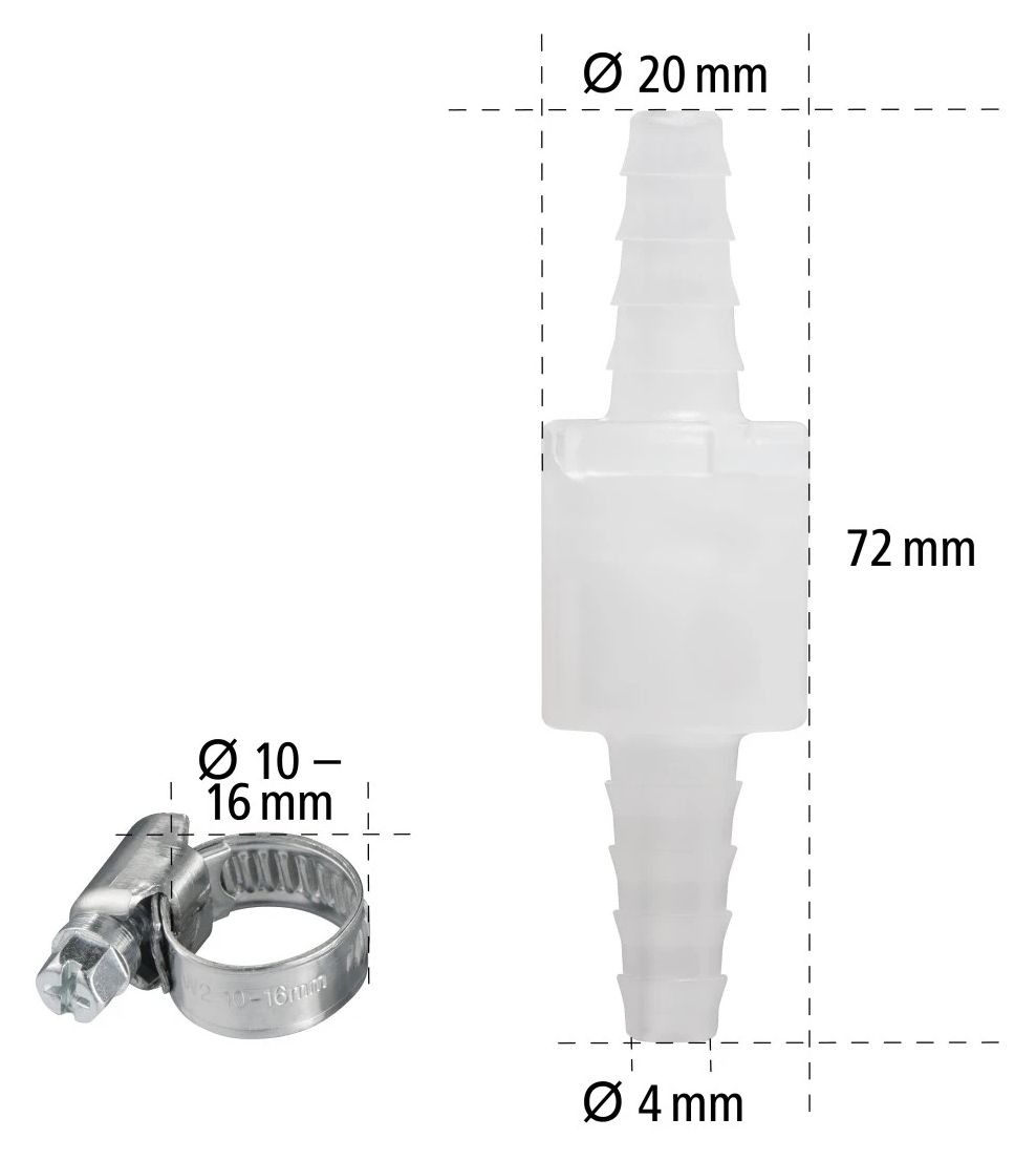 220733 Rückschlagventil mit 2 Schlauchschellen (für Ablaufschläuche bis 10 mm Durchmesser) 