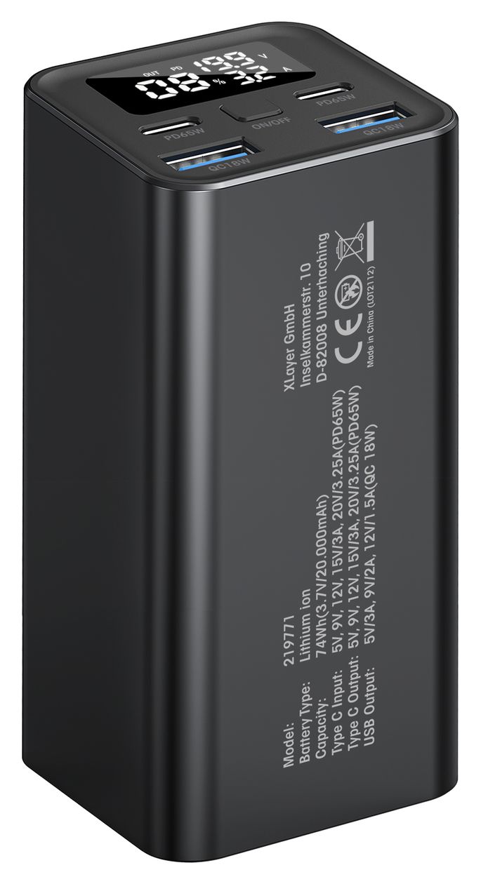 Power Bar 20000 mAh Powerbank USB Typ-C  (Schwarz) 