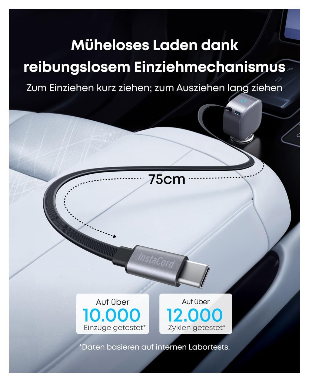 Nano Kfz-Ladegerät (75W, USB-C Port, Integriertes einziehbares USB-C Kabel) 