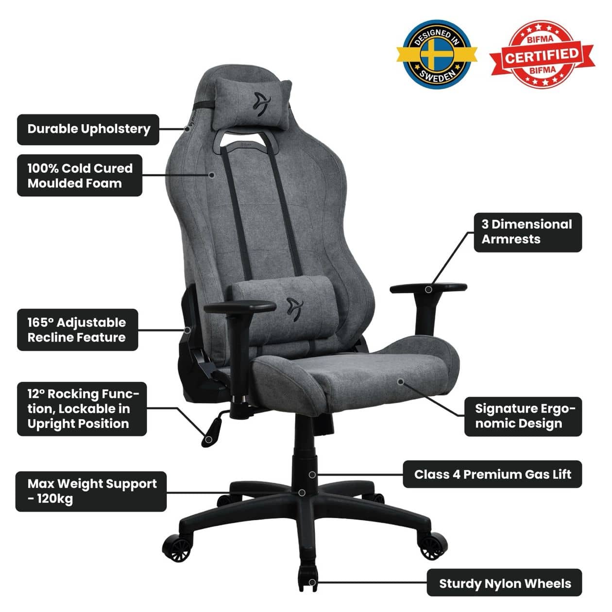 Torretta Soft Fabric Gamingstuhl bis 120 kg (Grau) 