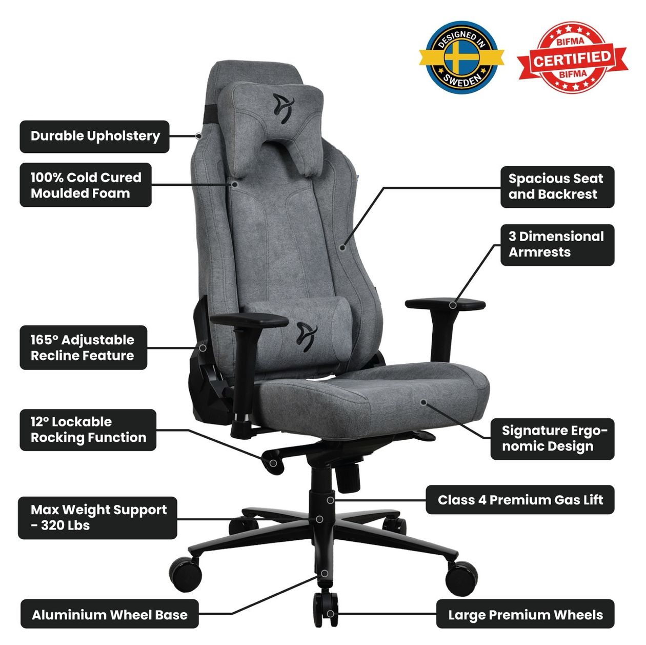 Vernazza Soft Fabric Gamingstuhl bis 145 kg (Grau) 