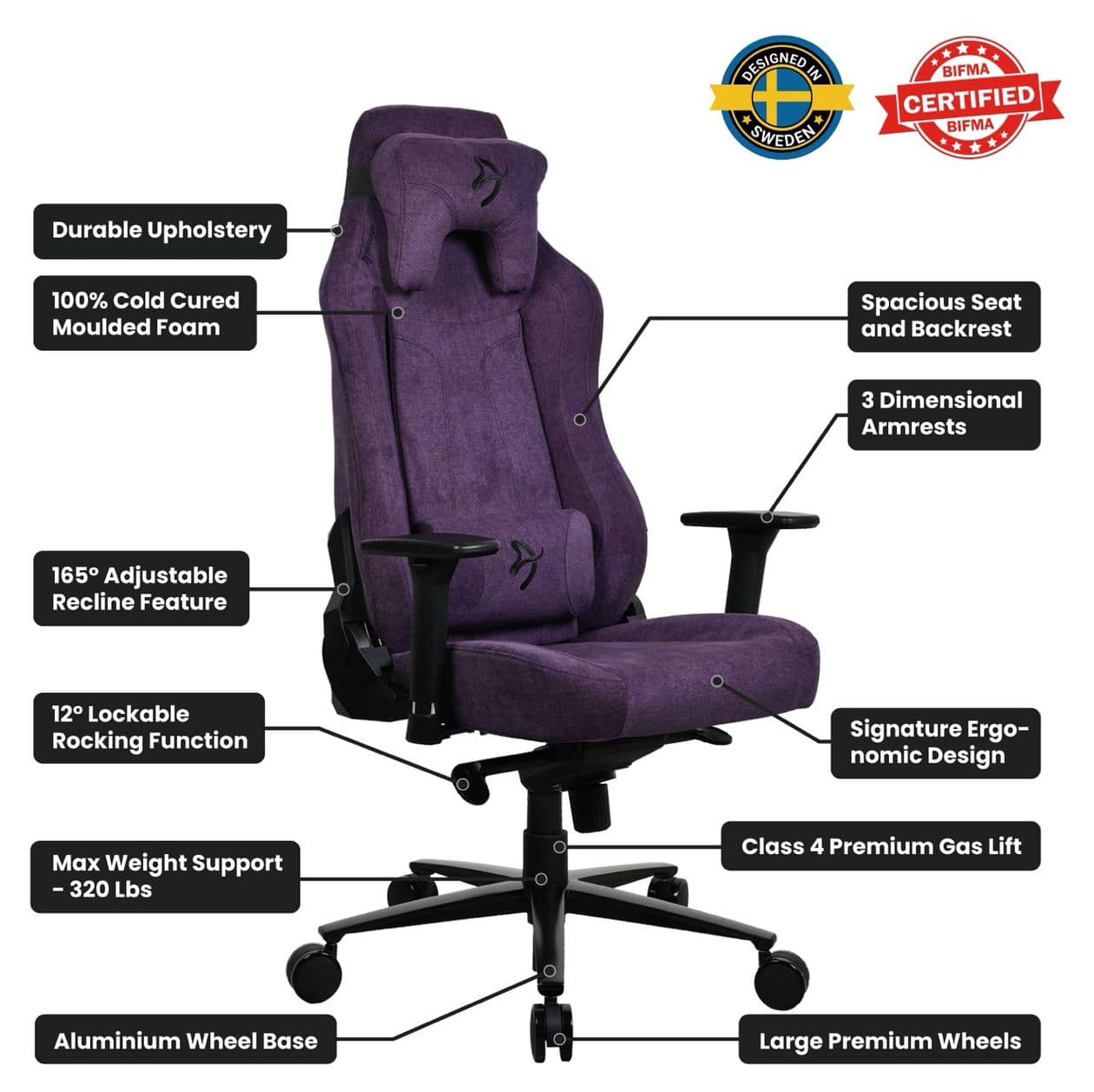 Vernazza Soft Fabric Gamingstuhl bis 145 kg (Violett) 