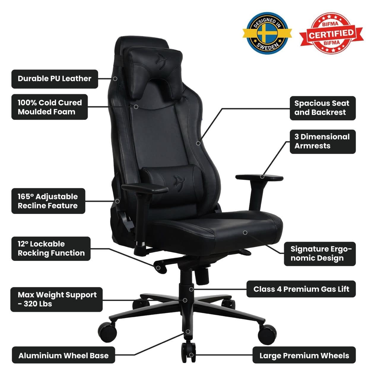 Vernazza SoftPU Gamingstuhl bis 145 kg (Schwarz) 