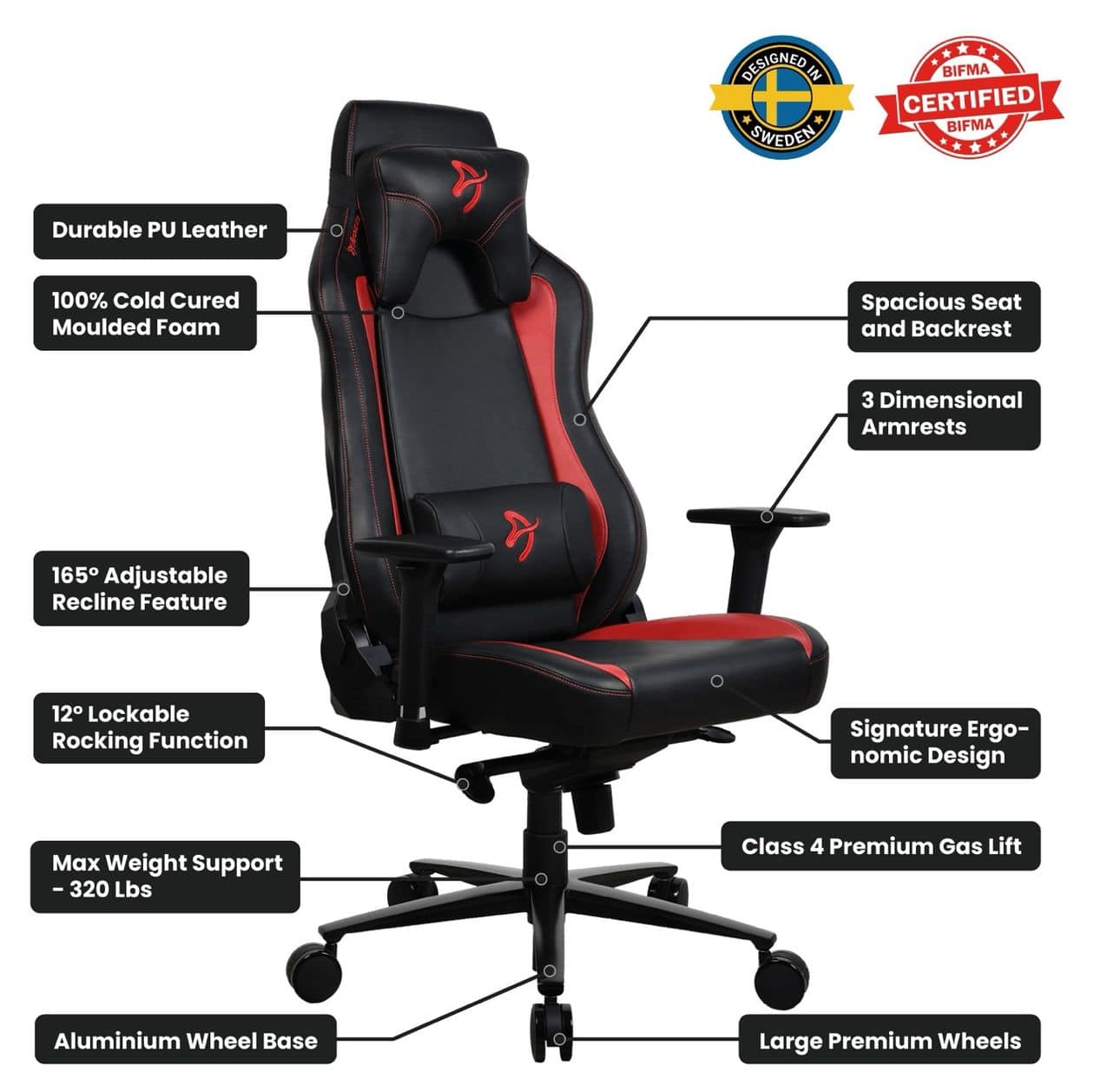 Vernazza SoftPU Gamingstuhl bis 145 kg (Schwarz/Rot) 