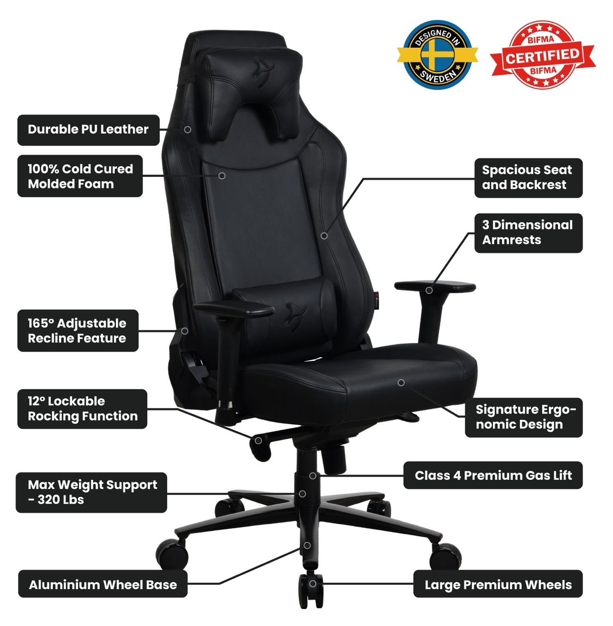 Vernazza XL SoftPU Gamingstuhl bis 170 kg (Schwarz) 