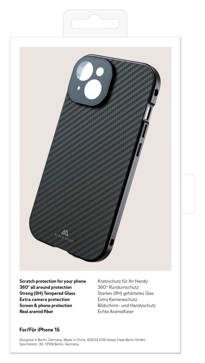 221252 Rückseiten-/Bildschirmschutz Karbon, Faser, Metall, Gehärtetes Glas 9H für  Apple iPhone 15 Kratzresistent 