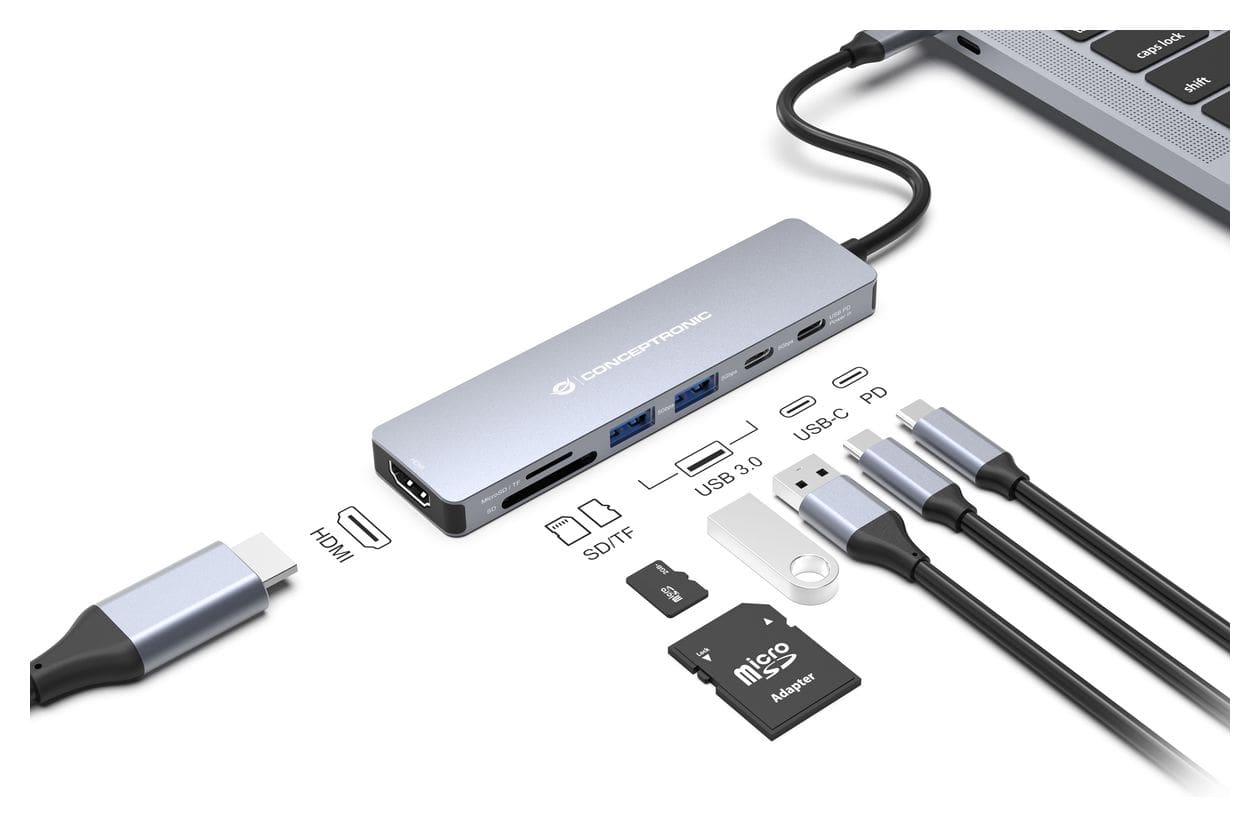 DONN28G 7-in-1 USB 3.2 Gen 1 Dockingstation, 4K60Hz HDMI, USB-A 5Gbps x 2, USB-C 5Gbps, SD, TF/MicroSD, 100W USB PD 