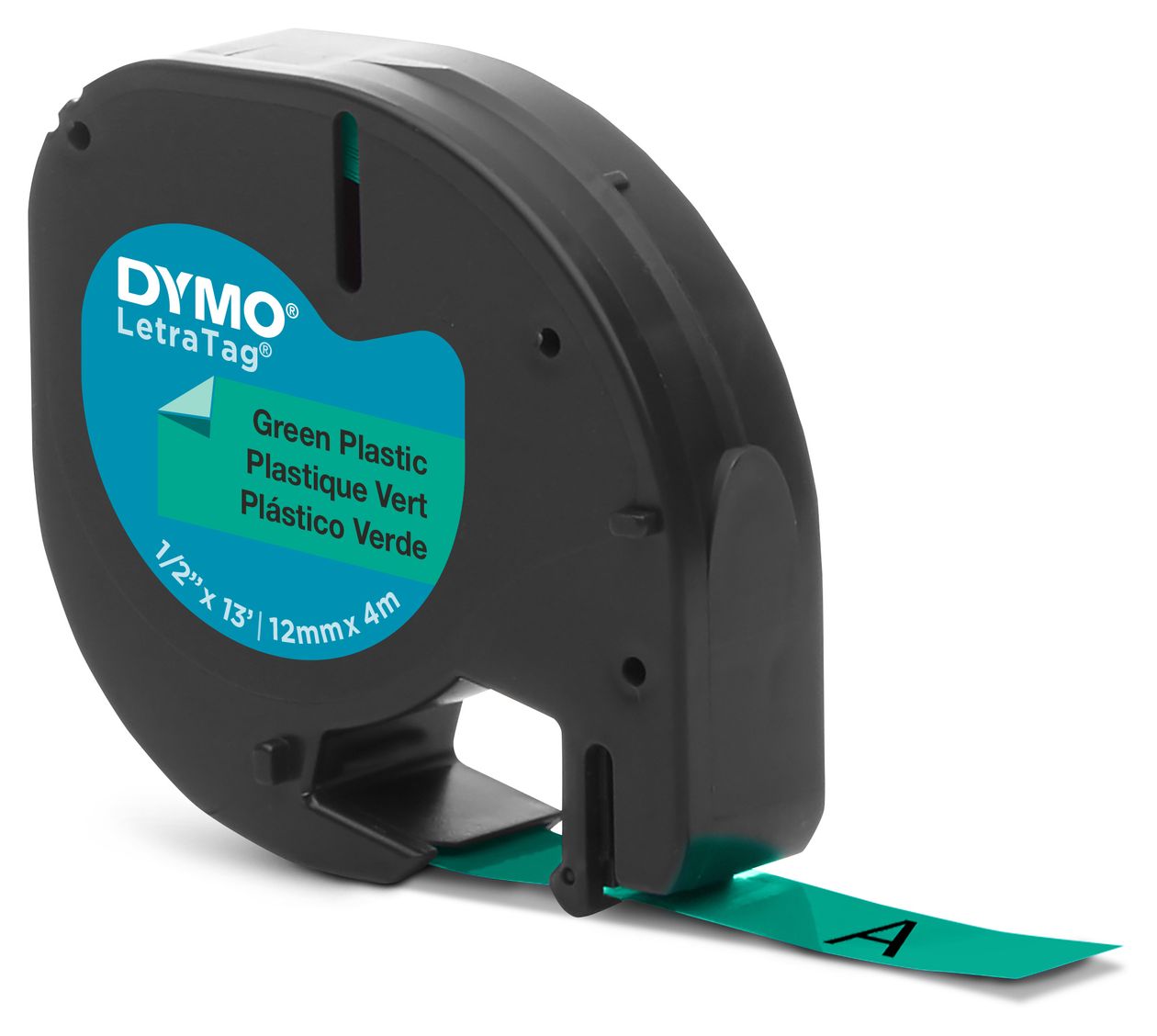 DYMO Original LetraTag Etikettenband | schwarz auf grün | 12 mm x 4 m | selbstklebendes Kunststoffetiketten | für LetraTag-Beschriftungsgerät 