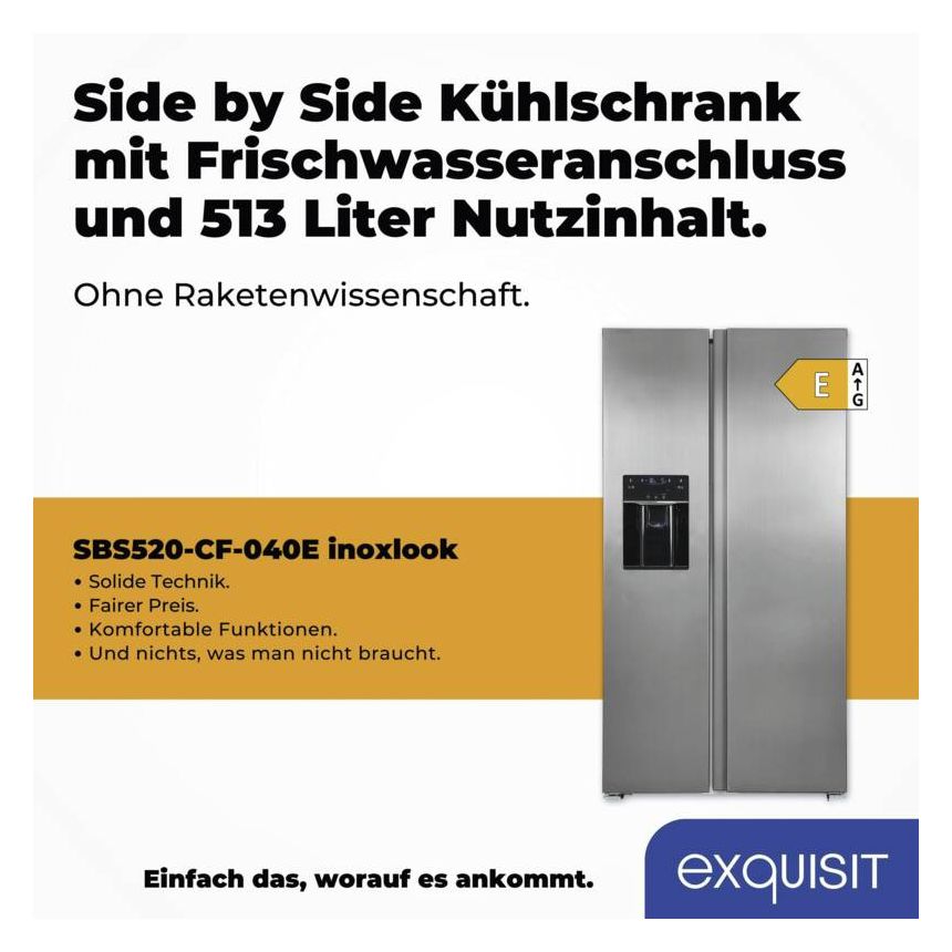 SBS520-CF-040E Side-by-Side Kühl-/ Gefrierkombination 344 l / 169 l 306 kWh NoFrost 1775 mm x 910 mm  (Schwarz, Edelstahl) 