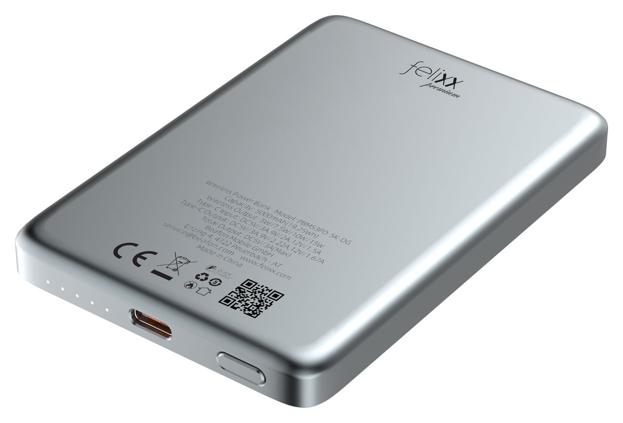 Ultraflach Magnet Slim 5000 mAh Powerbank USB Typ-C Kabelloses Laden  (Grau) 
