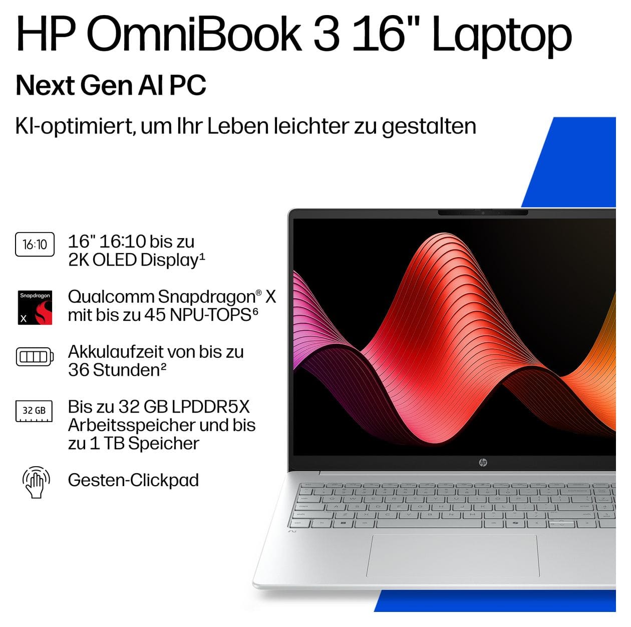 OmniBook 3 16-bz0610ng 2K Ultra HD Notebook 40,6 cm (16 Zoll) 1920 x 1200 Pixel 16 GB Ram 512 GB SSD Windows 11 Home Qualcomm Snapdragon max. 2,97 GHz  (Grau, Silber) 