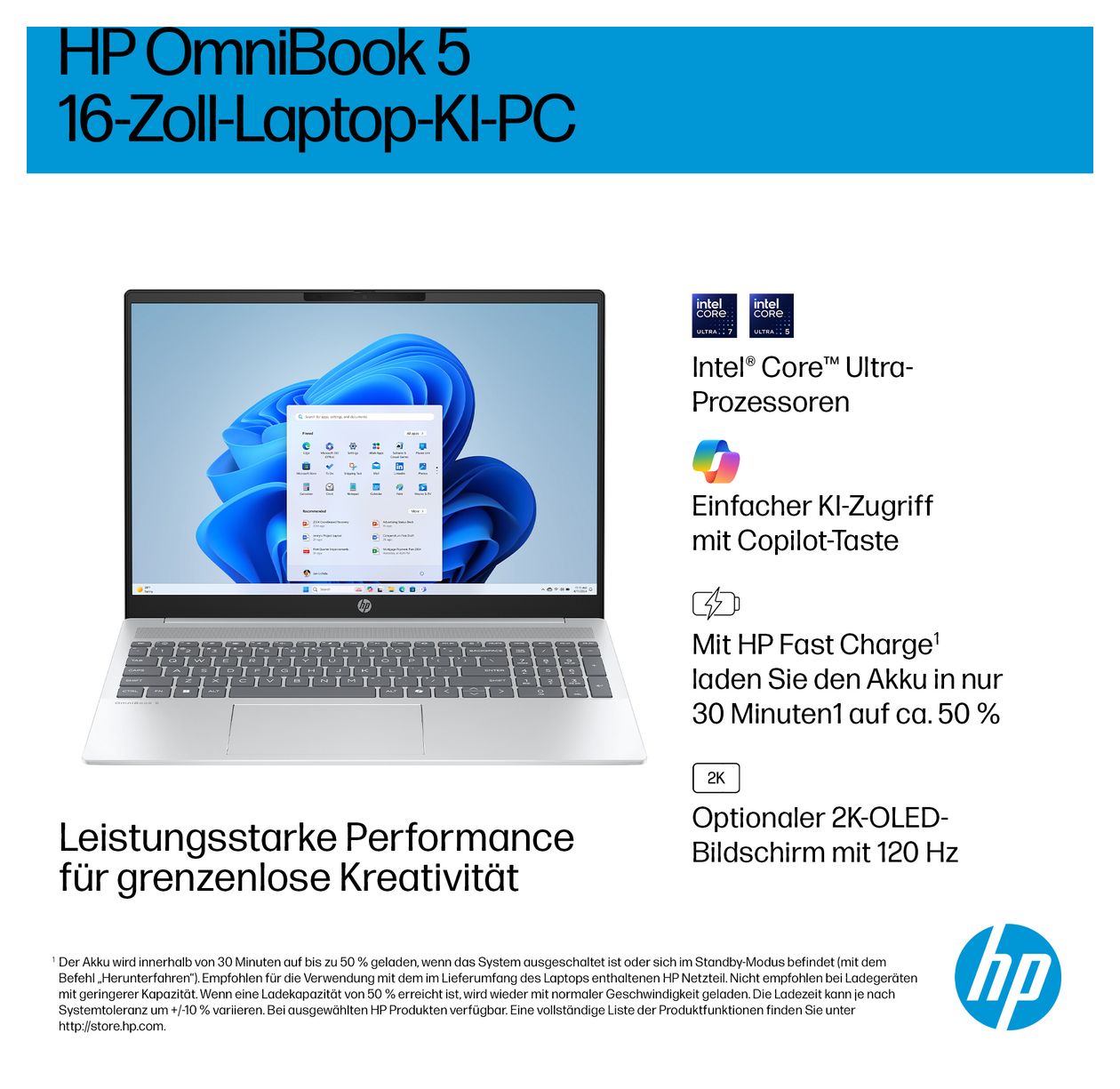 OmniBook 5 16-af1655ng 2K Ultra HD Notebook 40,6 cm (16 Zoll) 1920 x 1200 Pixel 16 GB Ram 1 TB SSD Windows 11 Home Intel Core Ultra 5 max. 4,8 GHz intern  (Silber) 