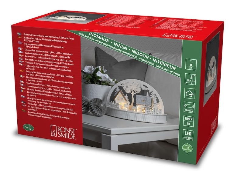 3280-210 Holzsilhouette Häuser und Rentiere 2600 K Batterie 
