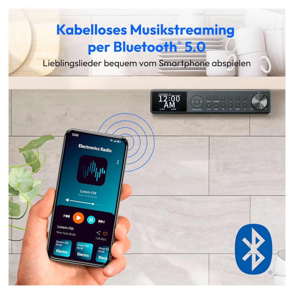 Life P66750 Bluetooth DAB+, PLL, UKW Radio Uhr  (Grau) 