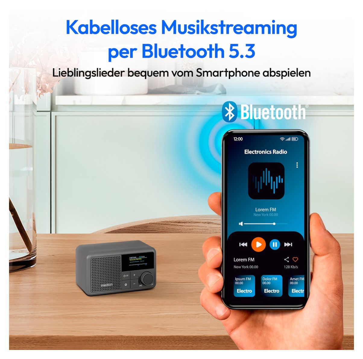 Life S66822 Bluetooth DAB+, UKW Radio Tragbar IPX1  (Grau) 