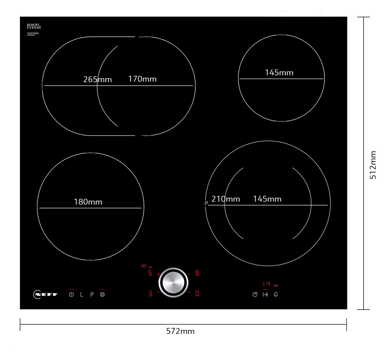 T16PT76X0 autarkes 60 cm Glaskeramik Kochfeld/Herdplatte 4 Zone(n) 
