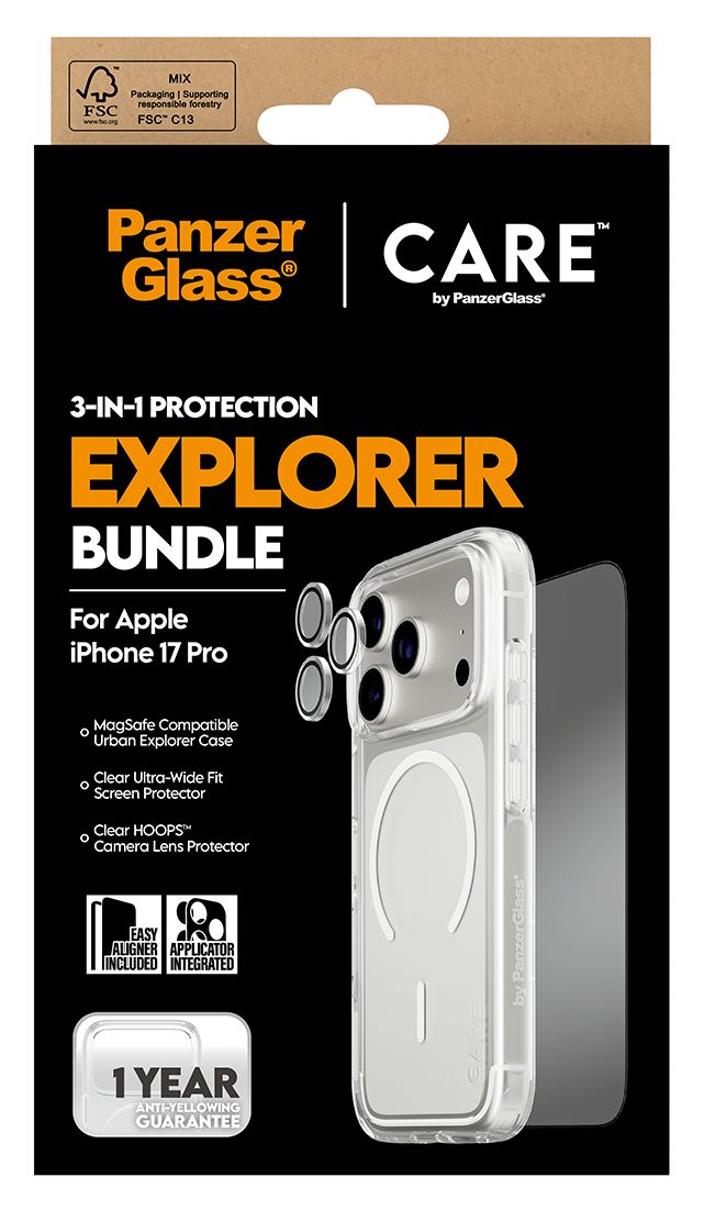 74977 3-in-1 Explorer Set Cover Klare Bildschirmschutzfolie Gehärtetes Glas, Polyethylenterephthalat, Silikon für  Apple Apple - iPhone 17 Pro Kratzresistent, Schockresistent 