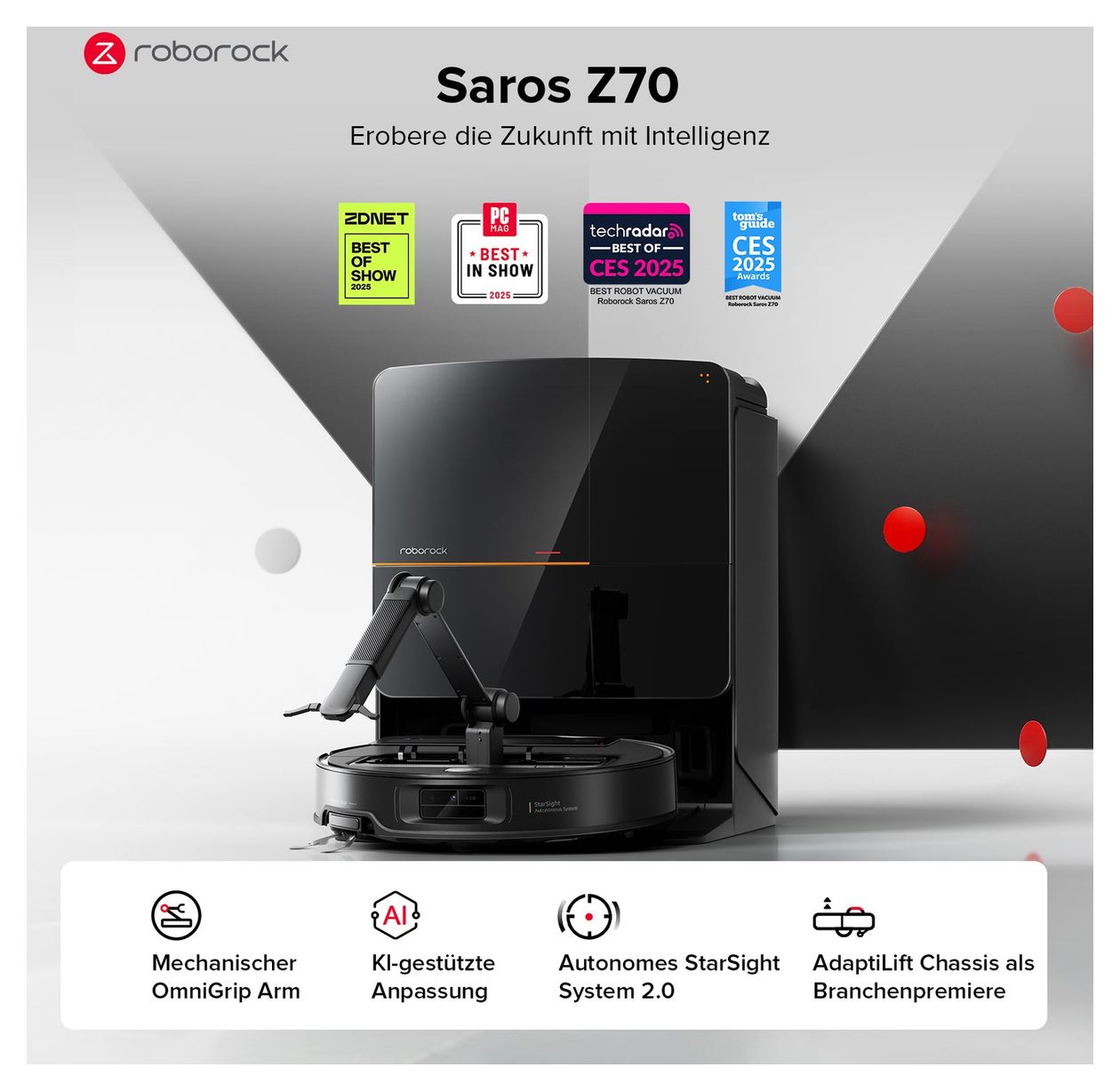 Saros Z70 Saugroboter nass/trocken 180 min Akku 22000 Pascal Leistung  (Schwarz) 