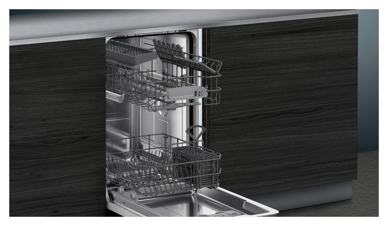 iQ100 SR61IX05KE 45 cm Geschirrspüler vollintegriert (ohne Front) Leise 9 Maßgedecke aquaStop Funktion 