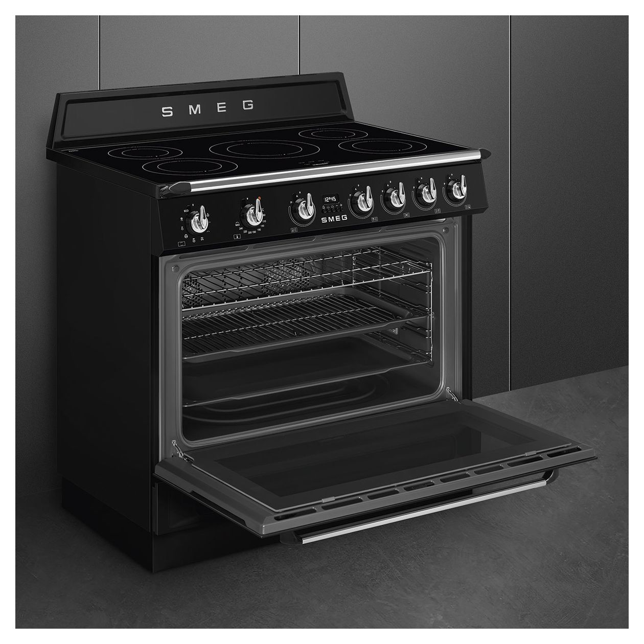 TR90IMBL Range Cooker (Kochherd) Elektro 115 l Zweikreis-Grill mit variabler Rate 9 Beheizungsarten AutoClean mit Induktions Kochfeld 
