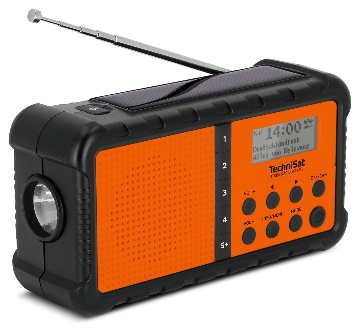TechniRadio Solar 2 DAB+, FM Radio Tragbar Wasserfest IPX4  (Schwarz, Orange) 