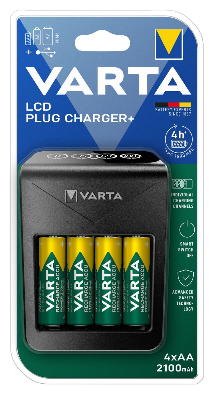 Akku Ladegerät, inkl. 4X AA 2100mAh, Batterieladegerät für wiederaufladbare AA/AAA/9V und USB Geräte, LCD Plug Charger+, Einzelschachtladung 