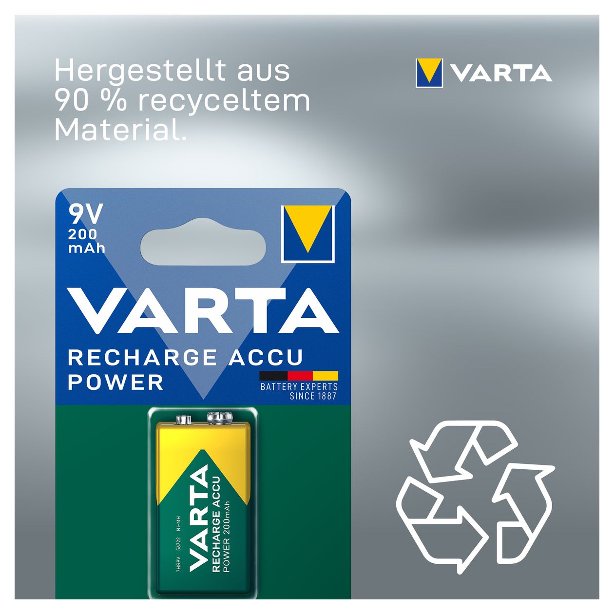 Batterien 9V Blockbatterie, wiederaufladbar, 1 Stück, Recharge Accu Power, Akku, 200 mAh, ohne Memory Effekt, vorgeladen, sofort einsatzbereit 