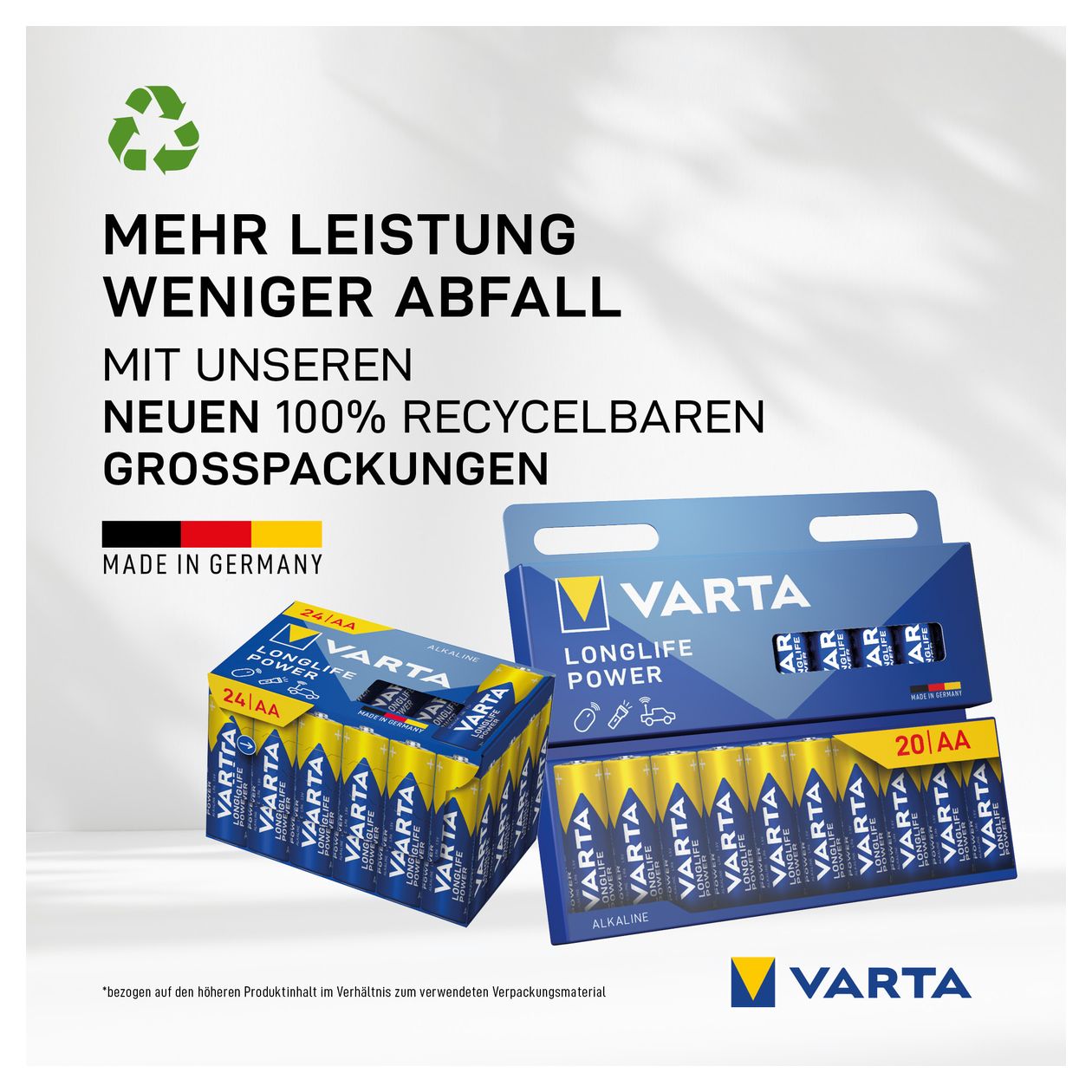 Batterien AA, 4 Stück, Longlife Power, Alkaline, 1,5V, ideal für Spielzeug, Funkmaus, Taschenlampen, Made in Germany 
